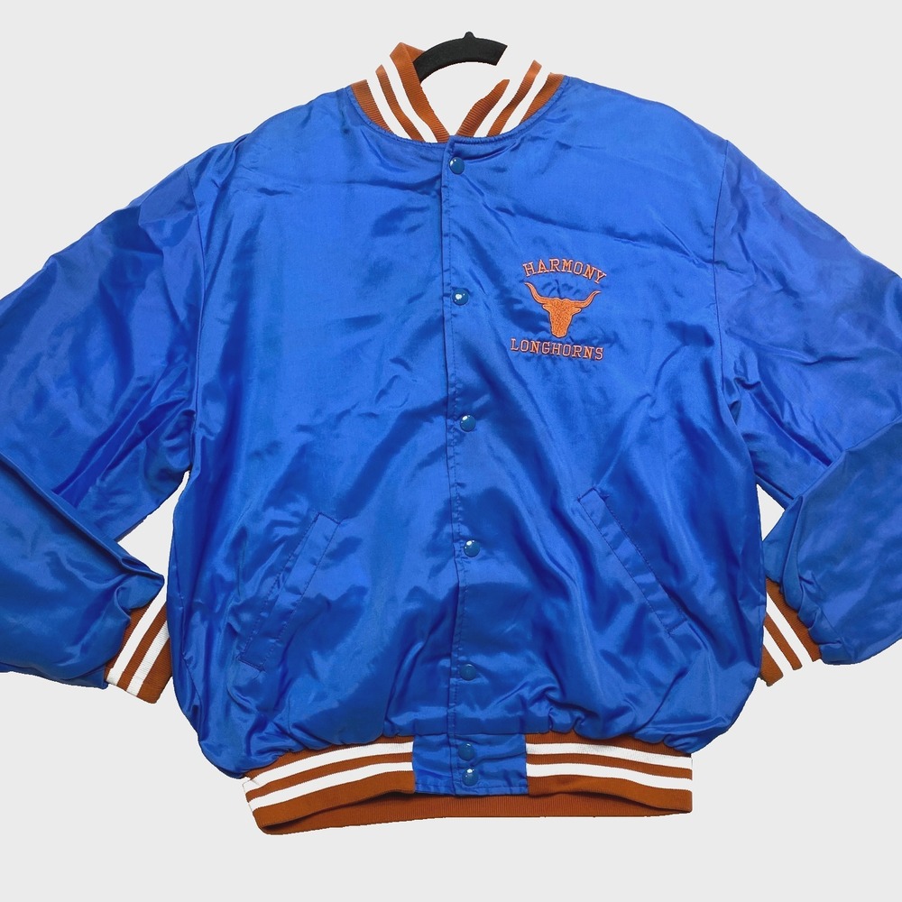 Harmony Longhorns Letterman Jacket Mens Large Blue Satin Made In USA
